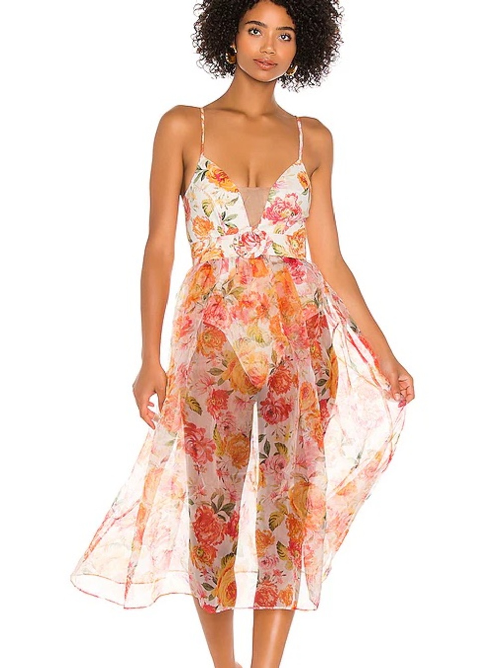 For Love and Lemons Peony Floral Midi Dress Sheer Organza Skirt Sz Medium